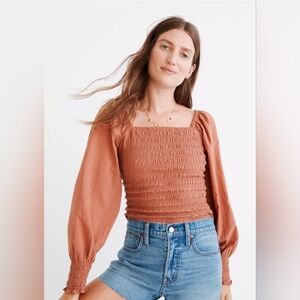 Madewell Rust-Tone Smocked Square-Neck Long-Sleeve Crop Top